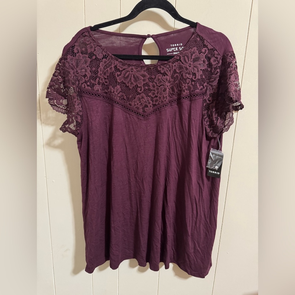 Torrid 1 1x 14/16 burgundy maroon lace cap sleevee soft knit tank top shirt NWT